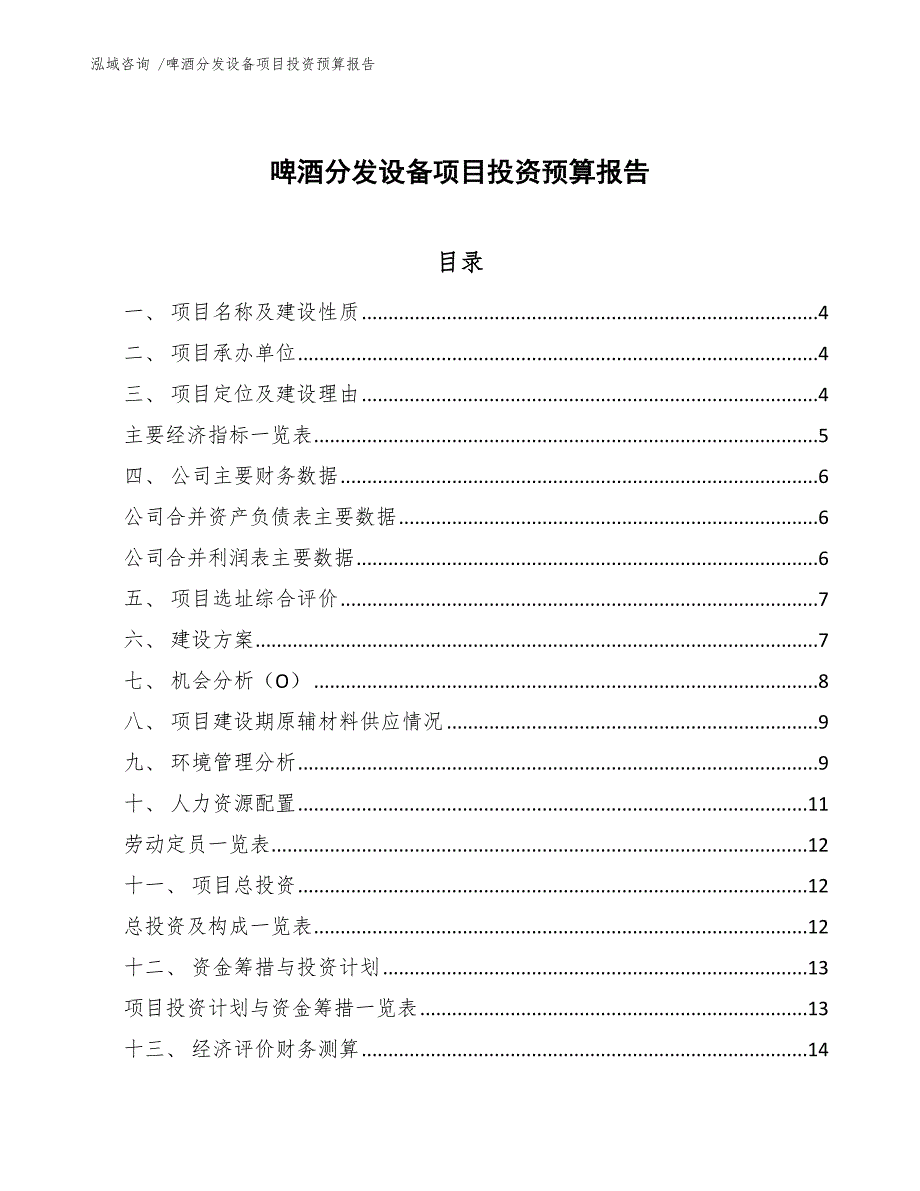 啤酒分发设备项目投资预算报告【模板】_第1页