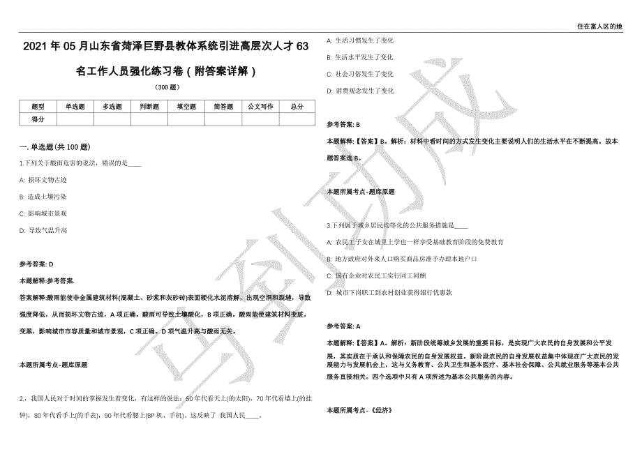 2021年05月山东省菏泽巨野县教体系统引进高层次人才63名工作人员强化练习卷（附答案详解）第515期_第1页