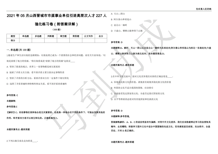 2021年05月山西晋城市市直事业单位引进高层次人才227人强化练习卷（附答案详解）第514期_第1页