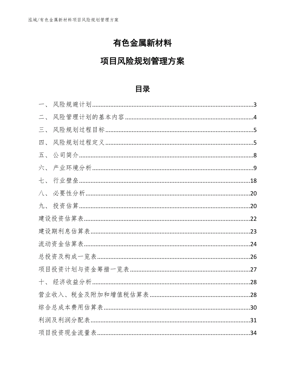 有色金属新材料项目风险规划管理方案_第1页