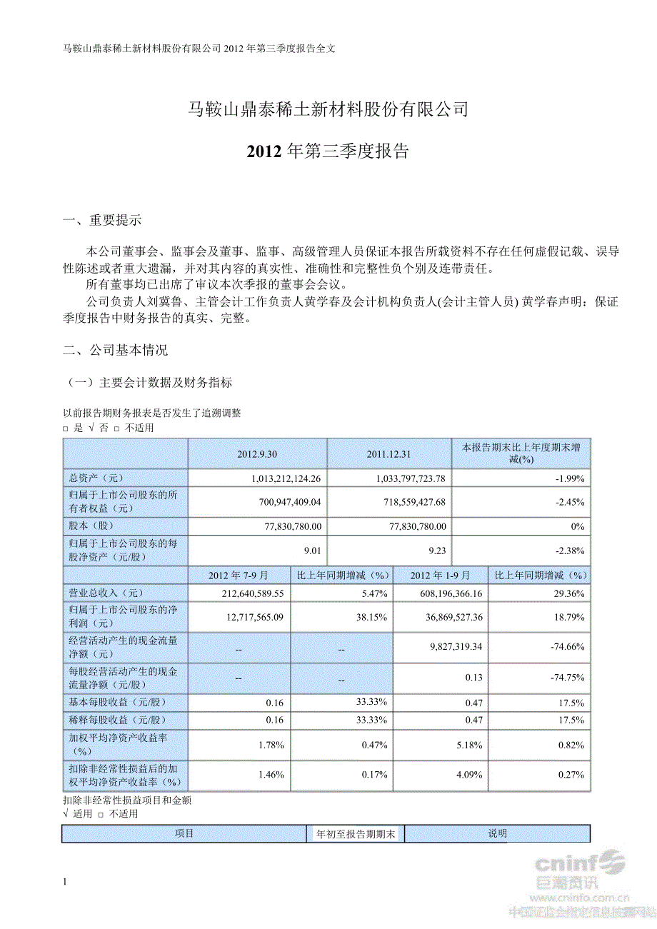 鼎泰新材：第三季度报告全文_第1页