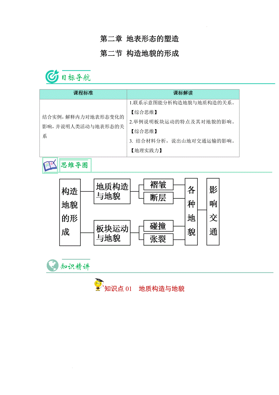 【高中地理讲义】2022-2023学年高二地理同步精品讲义（人教版2019选择性必修1） 构造地貌的形成（原卷版）_第1页