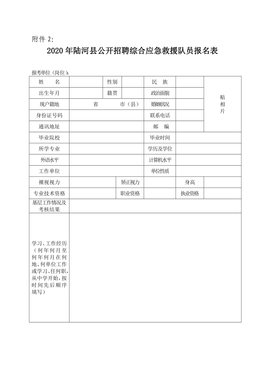 2020年陆河县公开招聘综合应急救援队员报名表_第1页