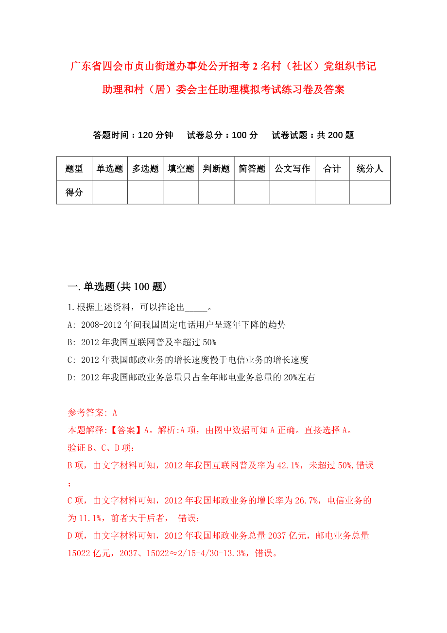 广东省四会市贞山街道办事处公开招考2名村（社区）党组织书记助理和村（居）委会主任助理模拟考试练习卷及答案（第1期）_第1页