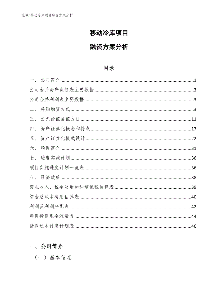 移动冷库项目融资方案分析（参考）_第1页