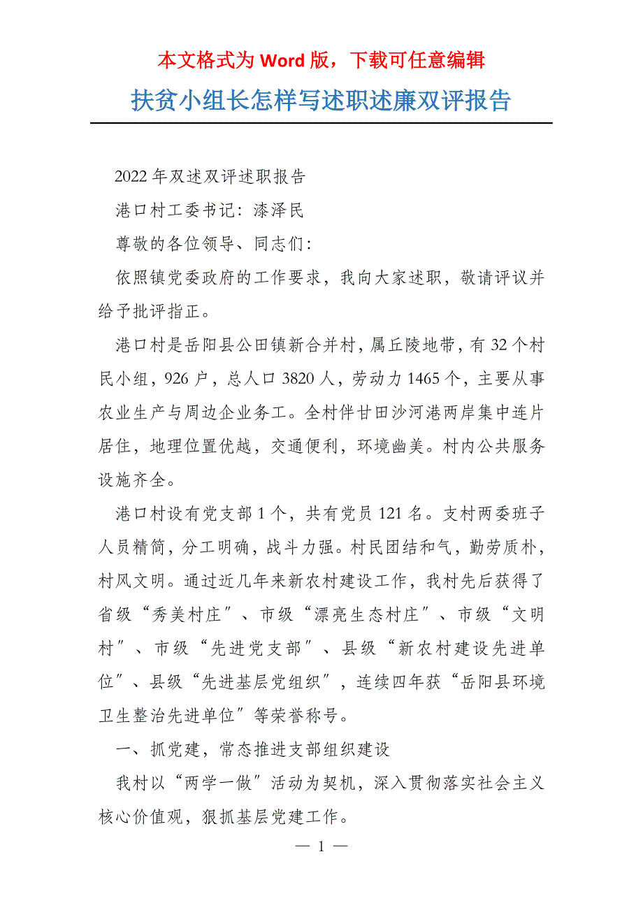 扶贫小组长怎样写述职述廉双评报告_第1页