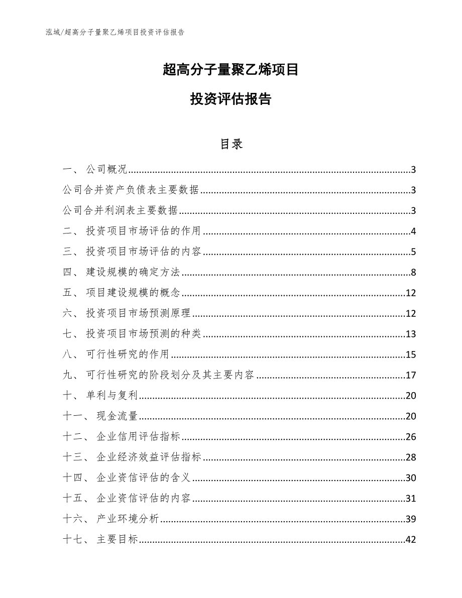 超高分子量聚乙烯项目投资评估报告_范文_第1页