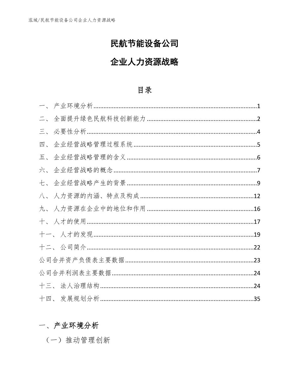 民航节能设备公司企业人力资源战略【参考】_第1页