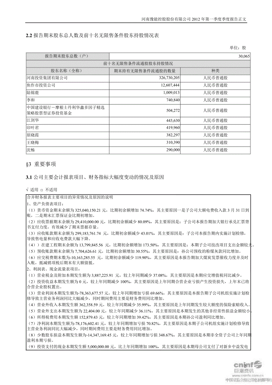 豫能控股：第一季度报告正文_第2页