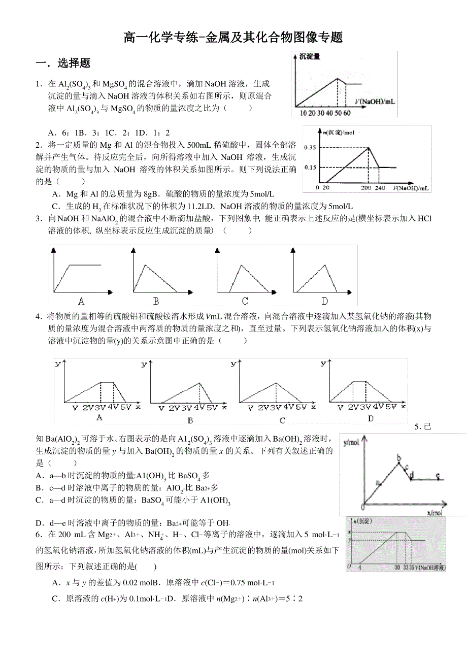 高一化学专练-金属及其化合物图像专题_第1页