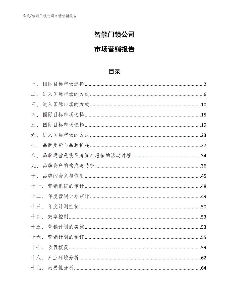 智能门锁公司市场营销报告（参考）_第1页