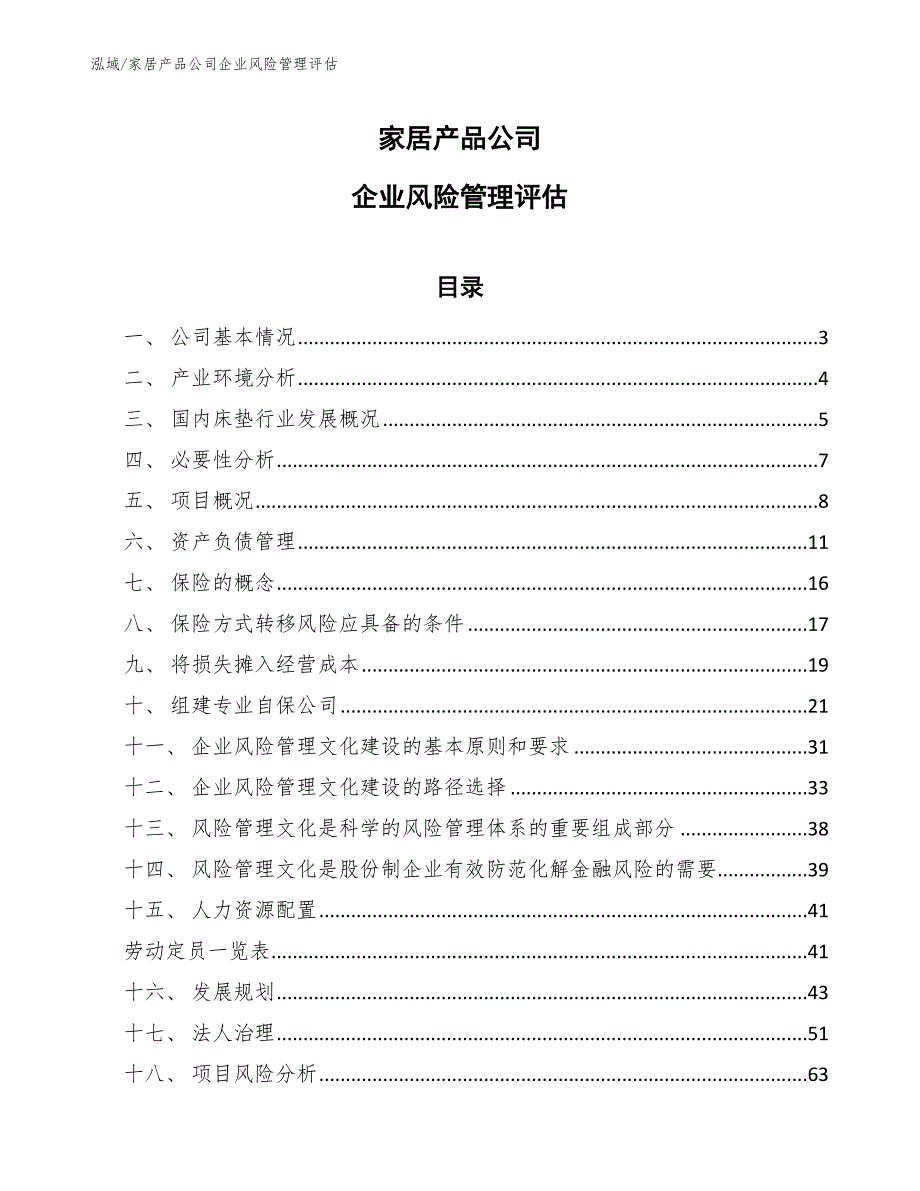 家居产品公司企业风险管理评估（范文）_第1页