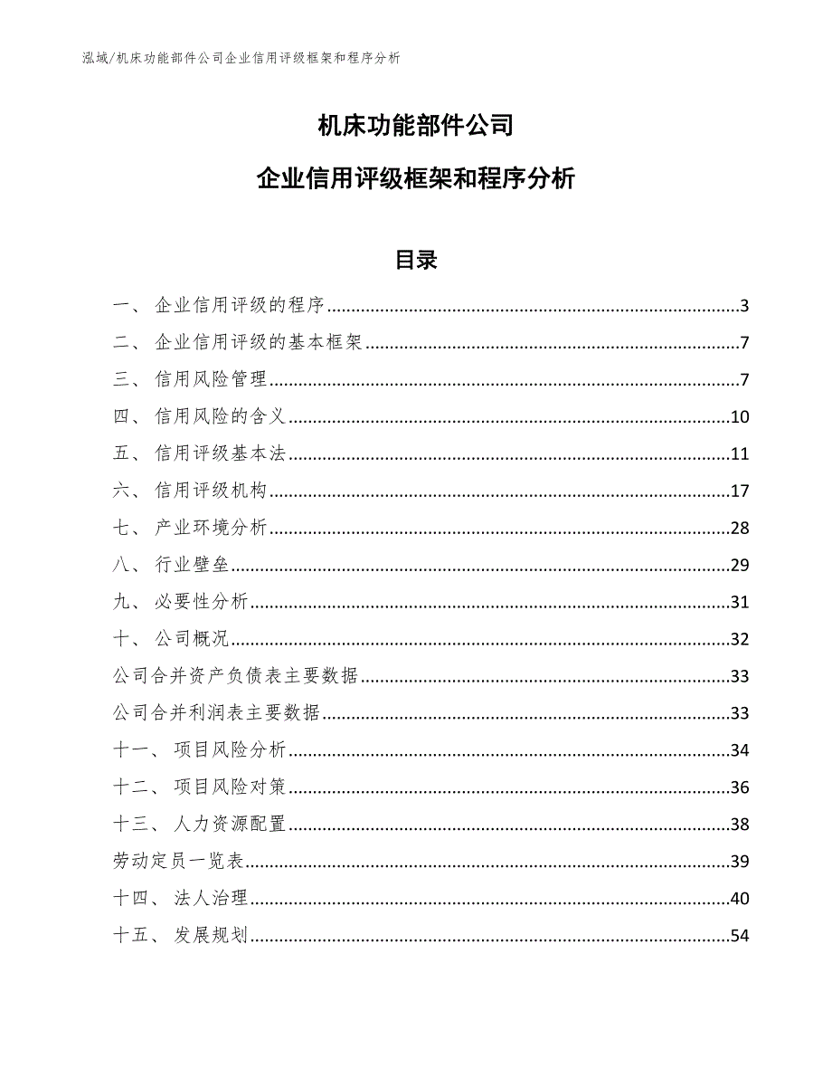 机床功能部件公司企业信用评级框架和程序分析【范文】_第1页