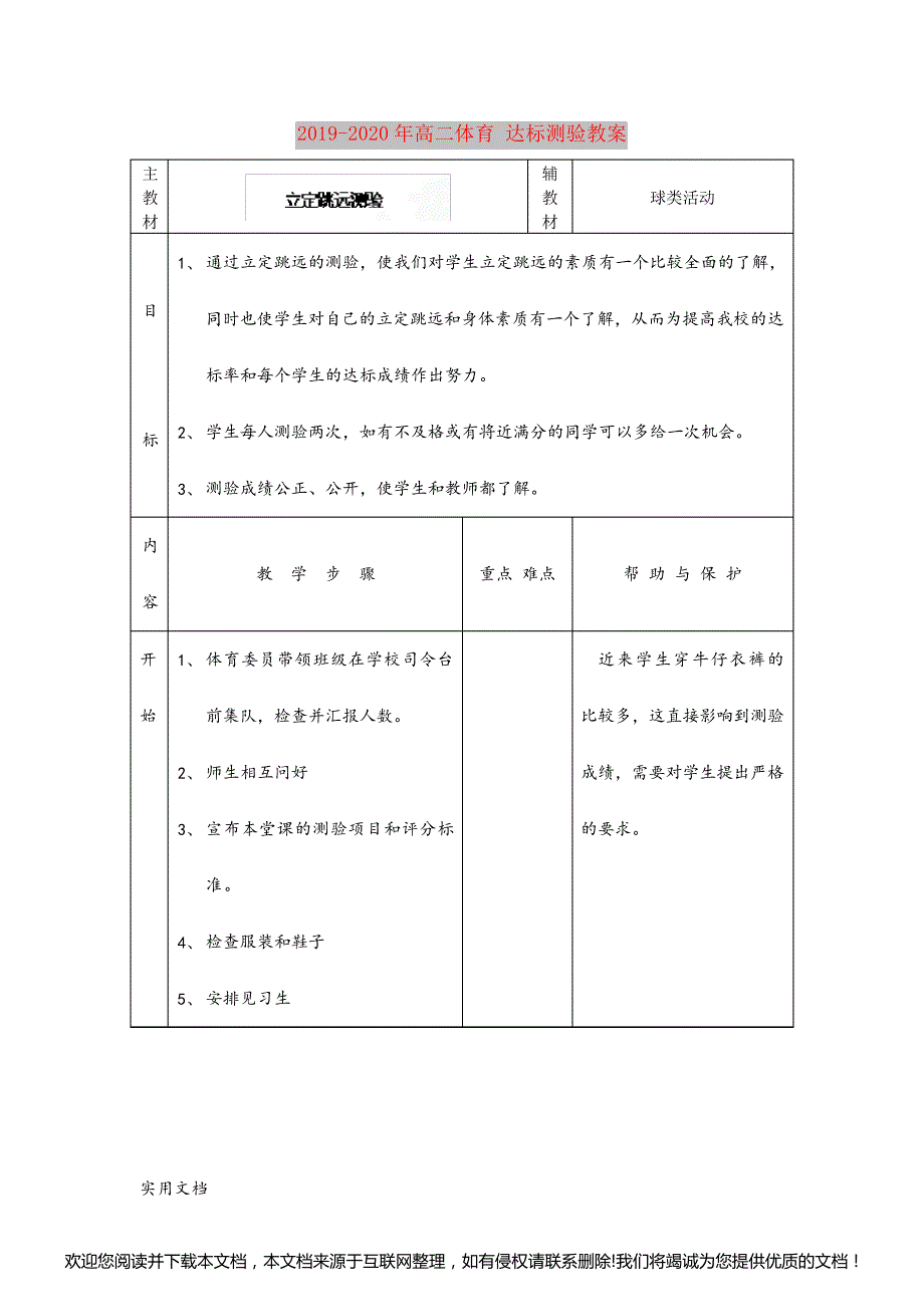 2020-2021年高二体育 达标测验教案152555_第1页