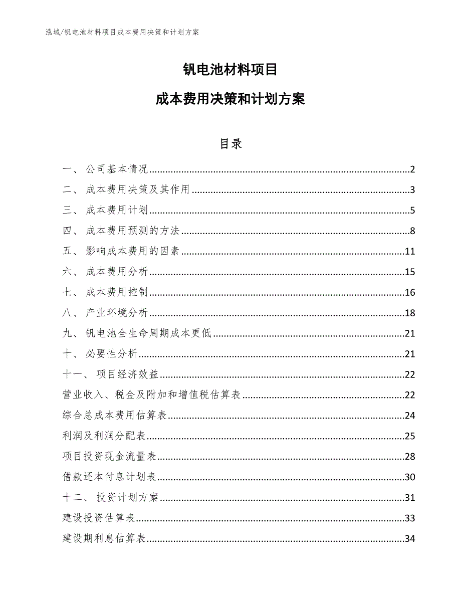 钒电池材料项目成本费用决策和计划方案_第1页