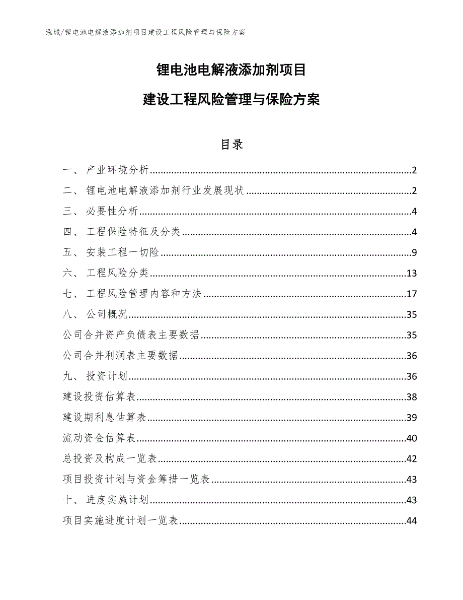 锂电池电解液添加剂项目建设工程风险管理与保险方案_第1页