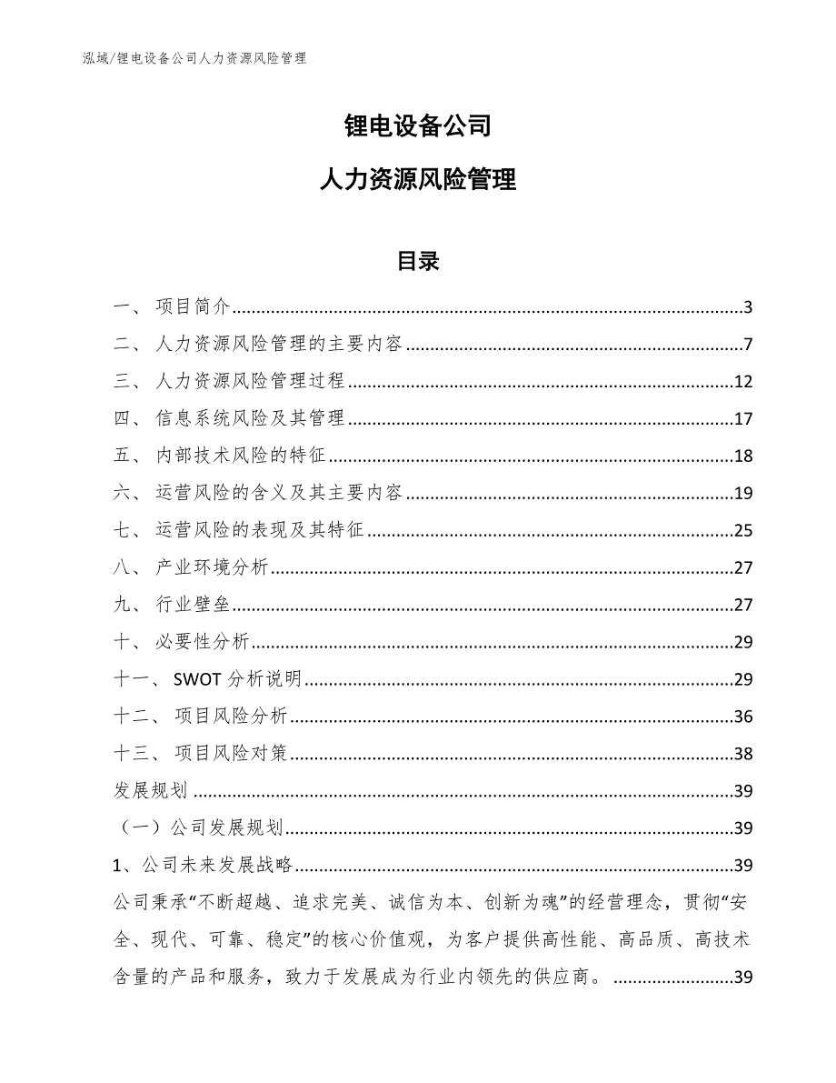 锂电设备公司人力资源风险管理（范文）_第1页