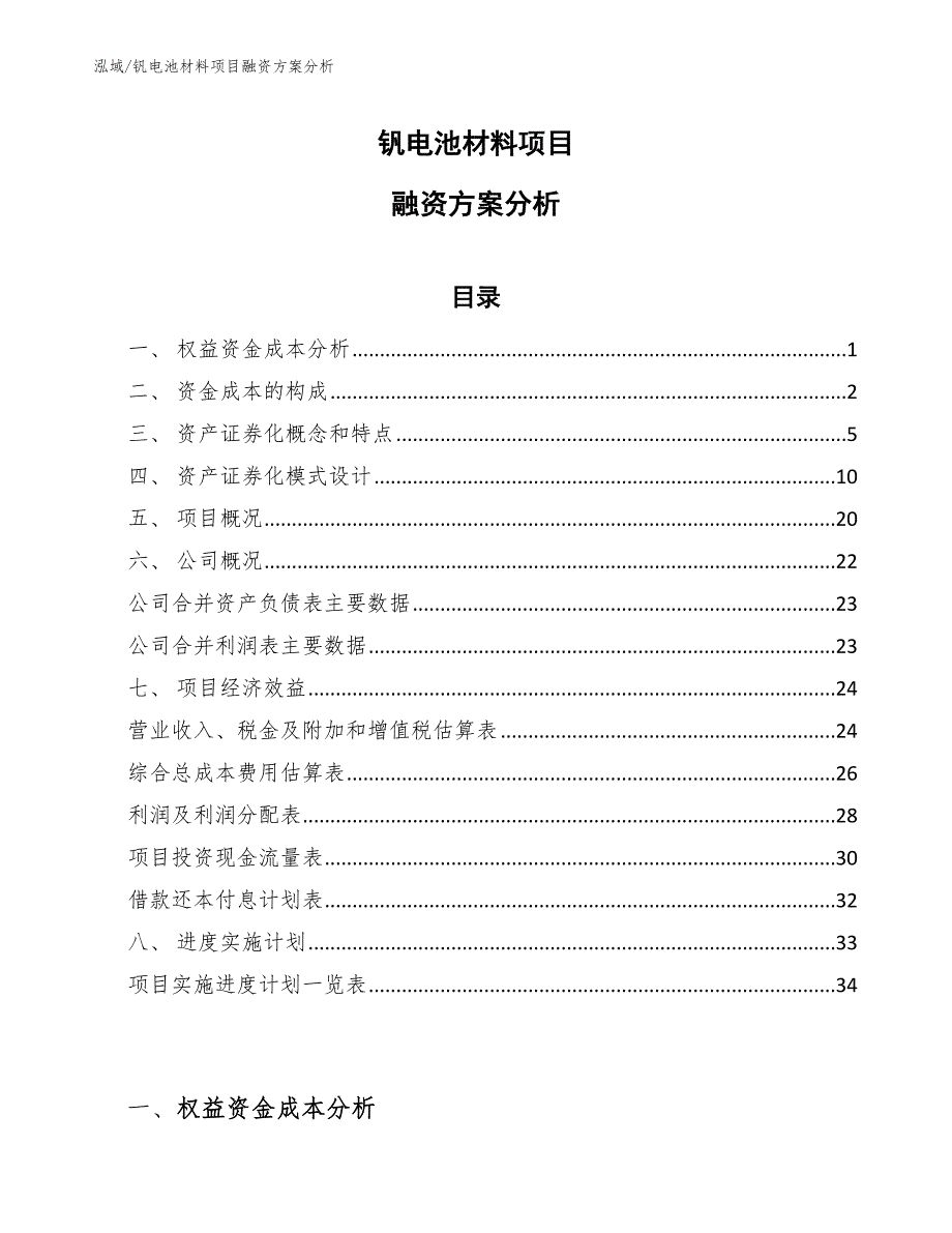 钒电池材料项目融资方案分析_范文_第1页