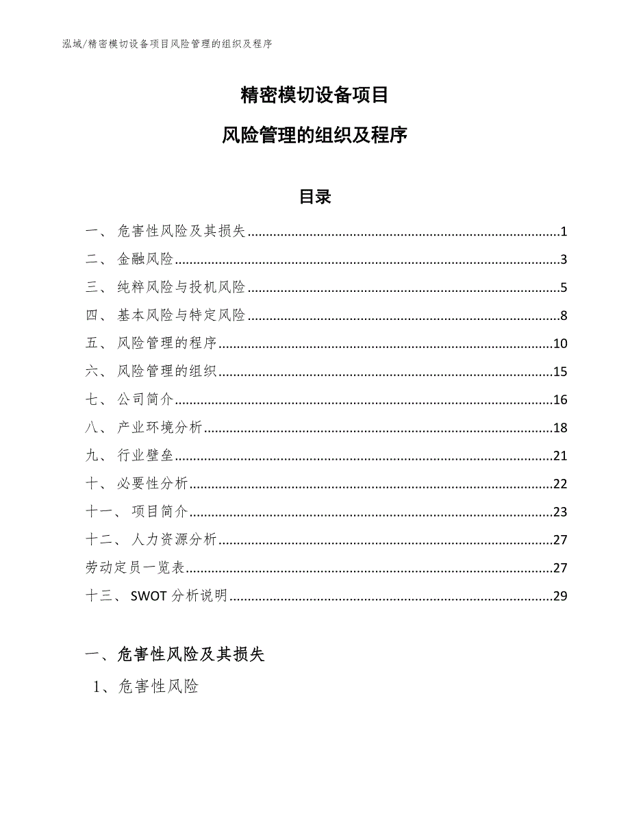 精密模切设备项目风险管理的组织及程序_第1页