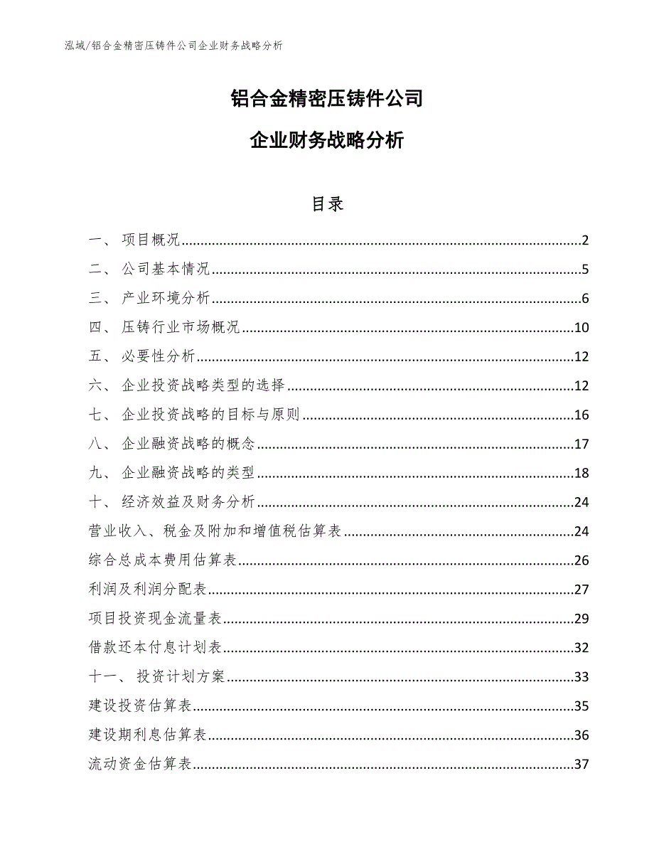 铝合金精密压铸件公司企业财务战略分析（参考）_第1页