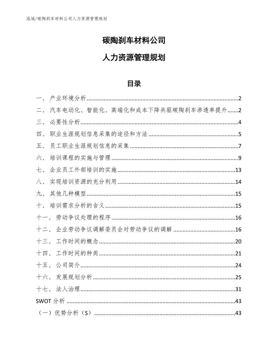 碳陶刹车材料公司人力资源管理规划【范文】_第1页