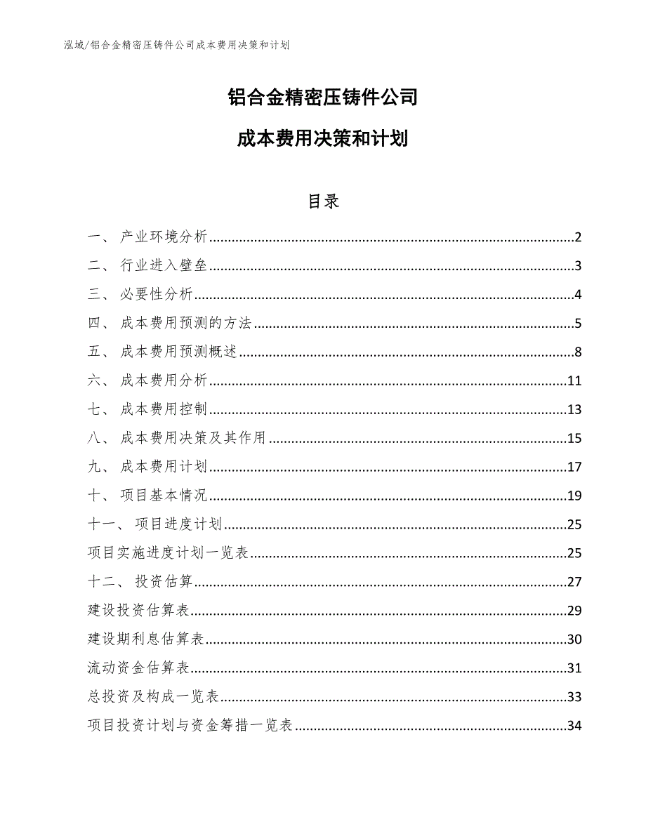 铝合金精密压铸件公司成本费用决策和计划（参考）_第1页