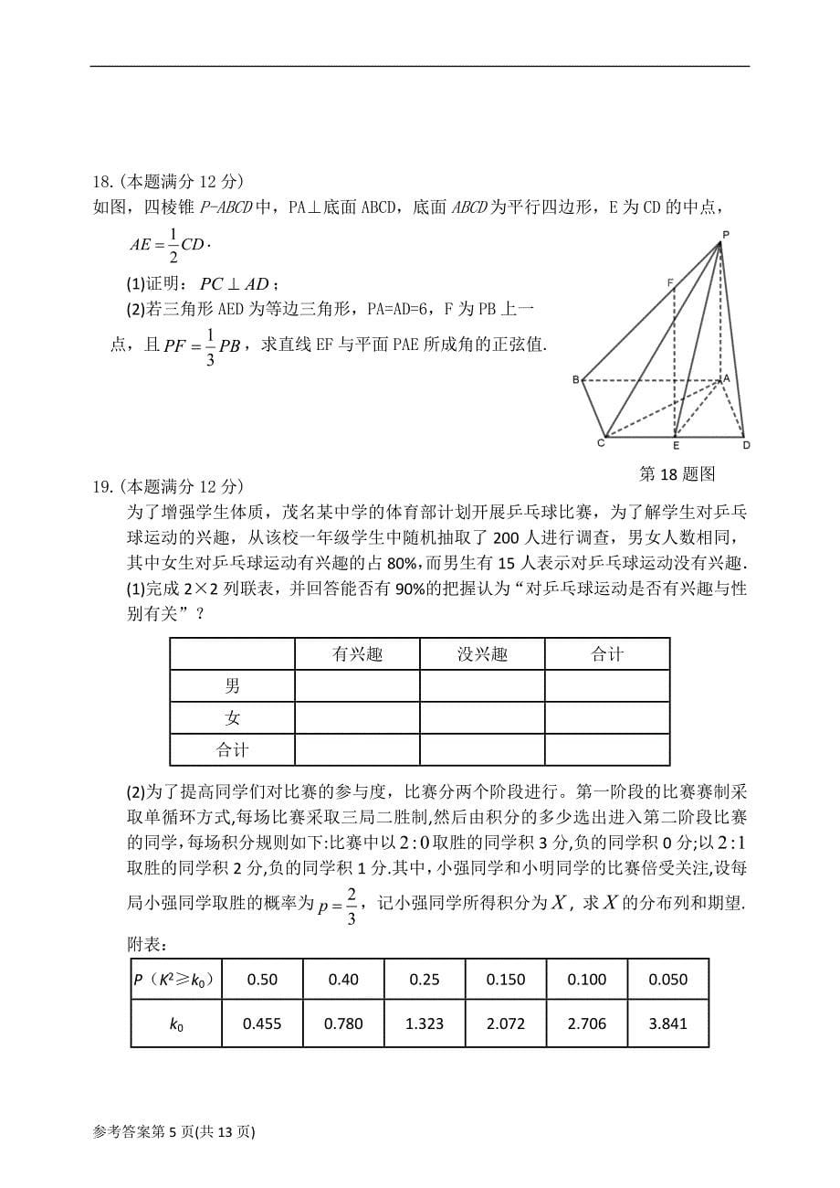 广东省茂名市2022届高三第一次综合测试（一模）（1月） 数学 Word版含答案_第5页