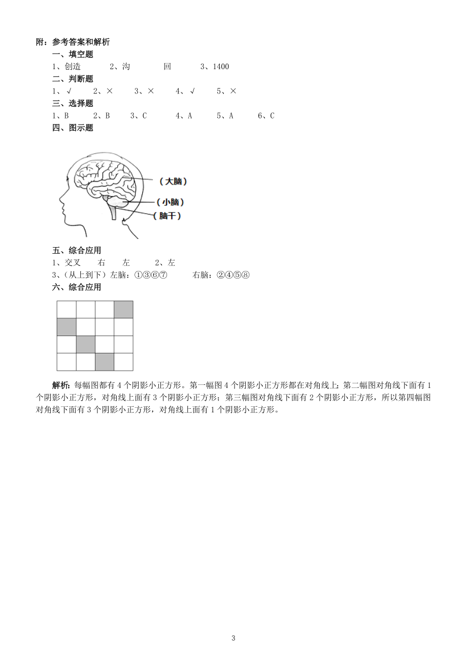 小学科学苏教版五年级上册第五单元第19课《我们的大脑》课堂练习题（2022新版）_第3页