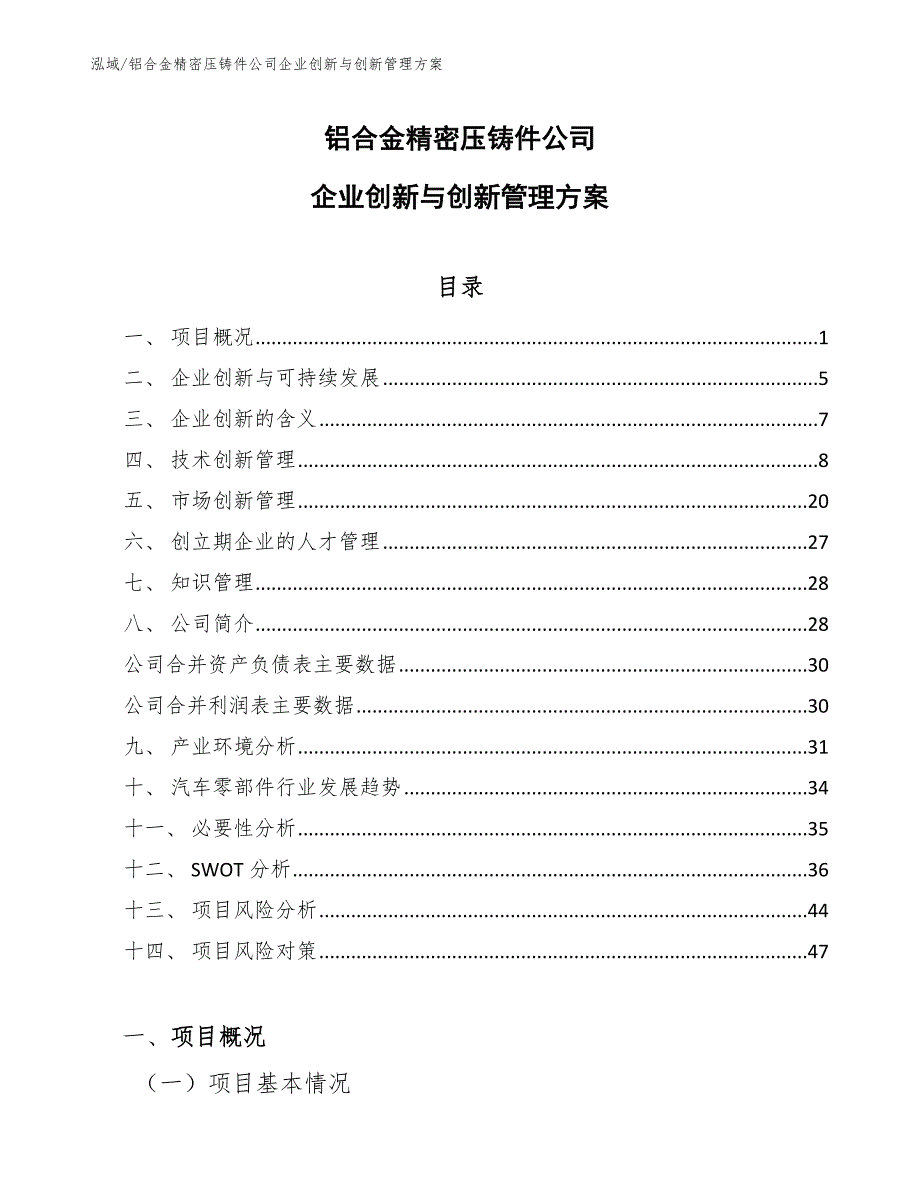 铝合金精密压铸件公司企业创新与创新管理方案_参考_第1页