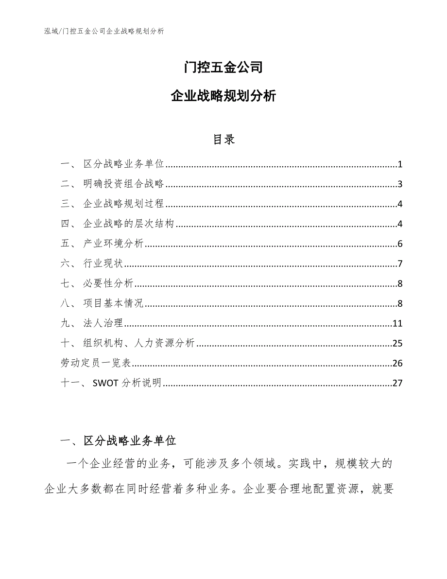 门控五金公司企业战略规划分析_参考_第1页