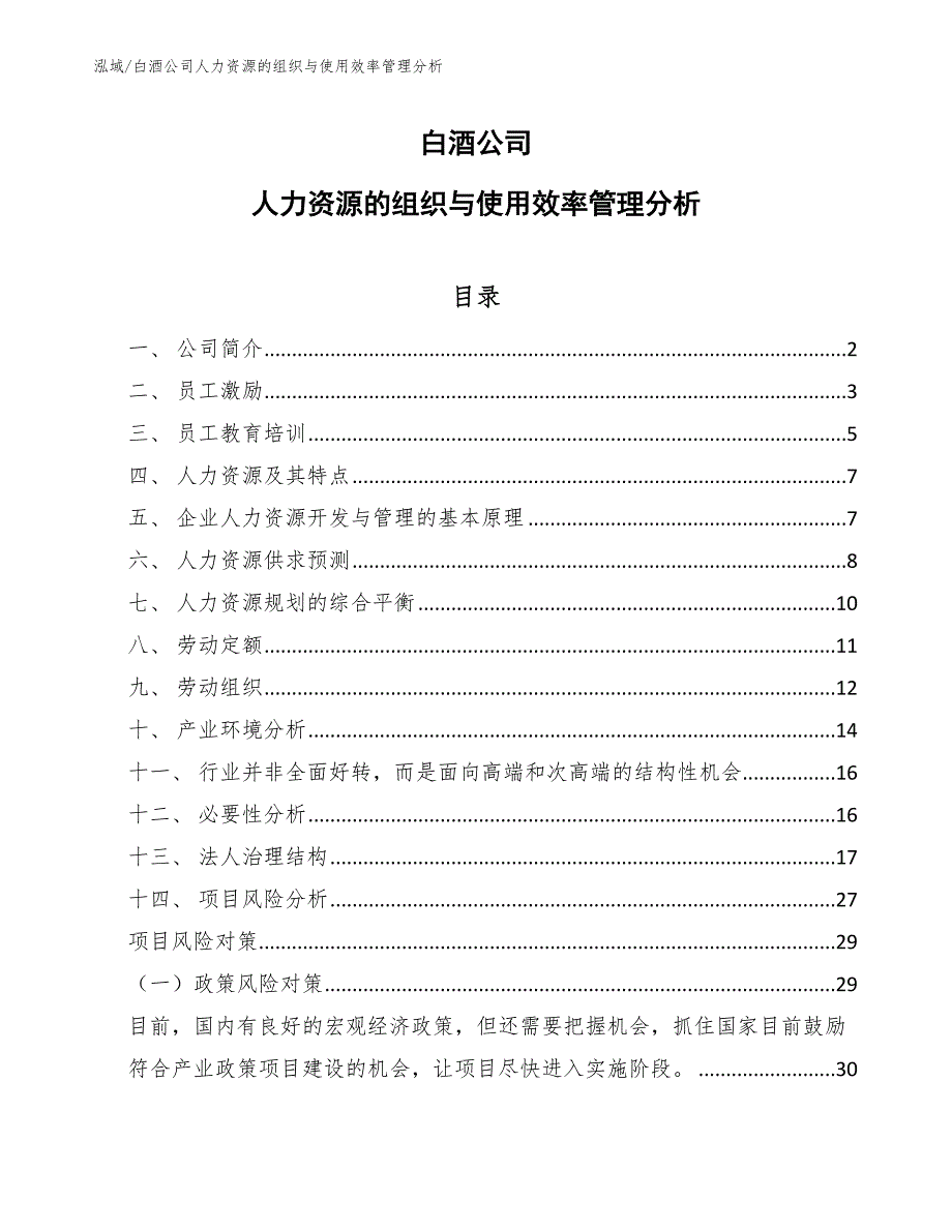 白酒公司人力资源的组织与使用效率管理分析_范文_第1页