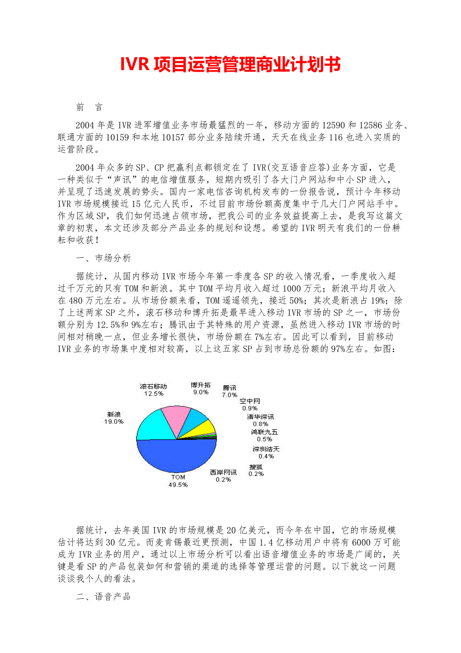 2021大学创业-IVR项目运营管理商业计划书【参考模板】_第1页