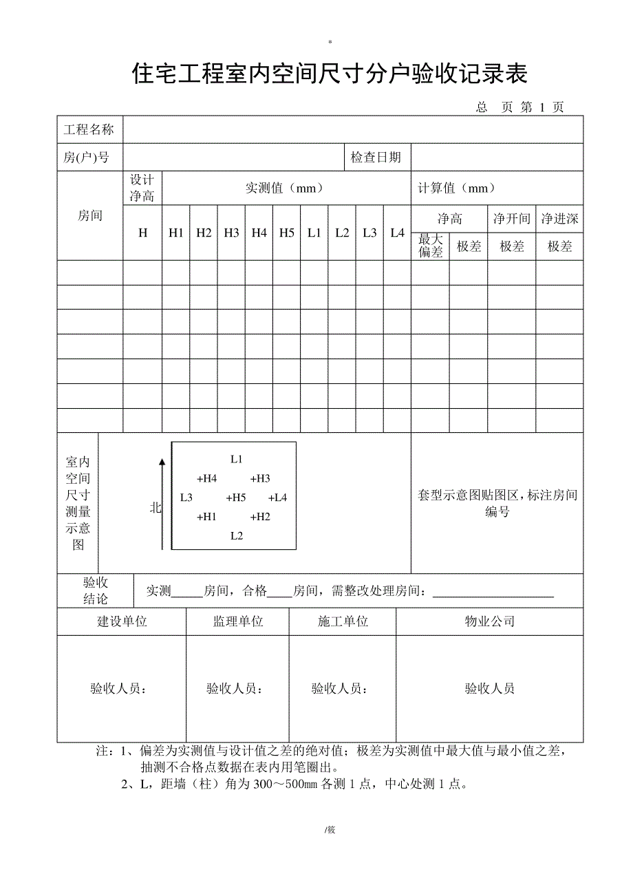 [建筑]住宅工程室内空间尺寸分户验收记录表14表新范本_第1页