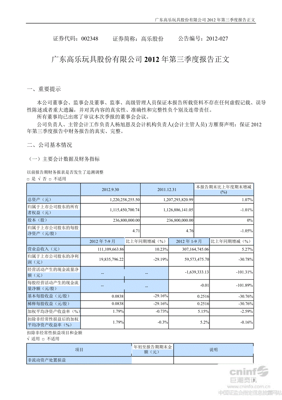 高乐股份：第三季度报告正文_第1页