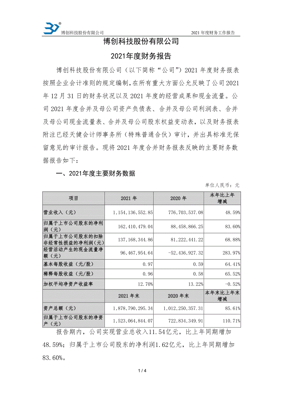 博创科技：2021年年度财务报告_第1页