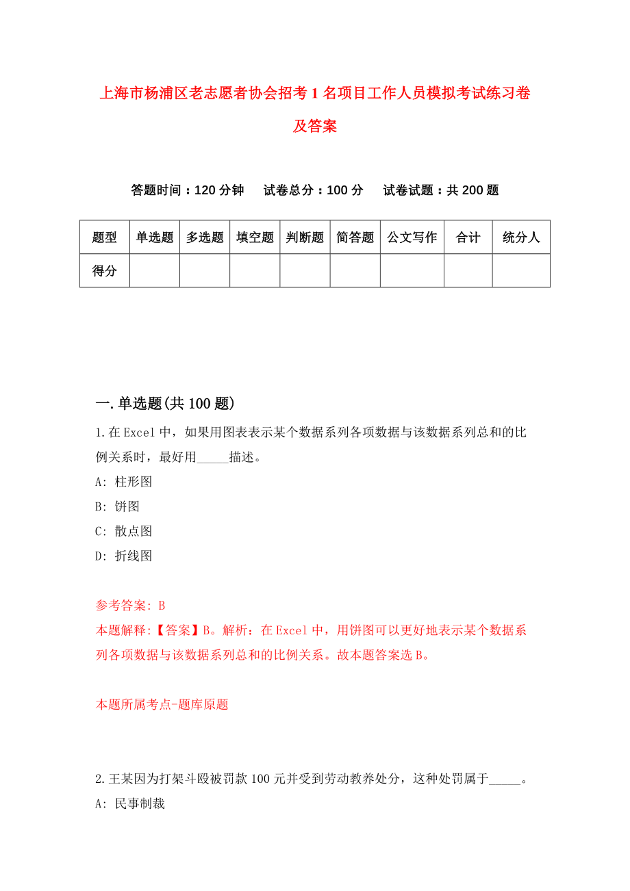 上海市杨浦区老志愿者协会招考1名项目工作人员模拟考试练习卷及答案(第6版)_第1页