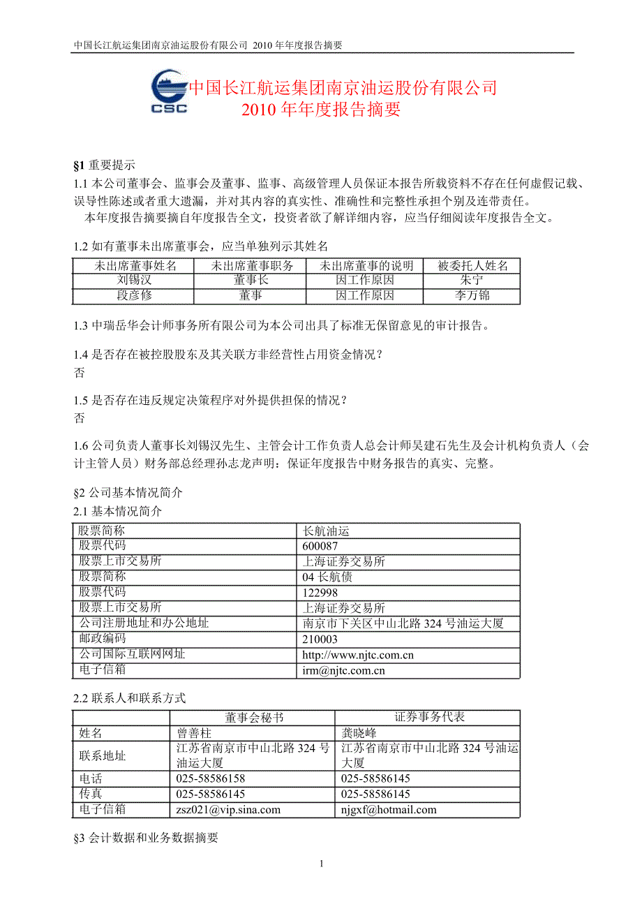 600087长航油运年报摘要_第1页