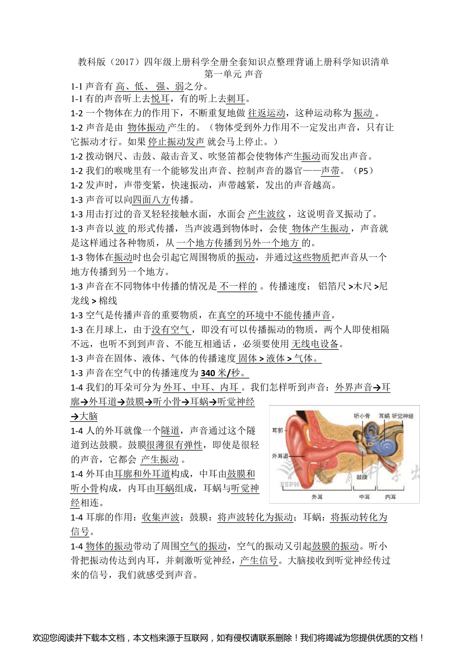 2022秋季教科版小学科学四年级【上册】全册知识点整理背诵上册科学知识清详解_第1页