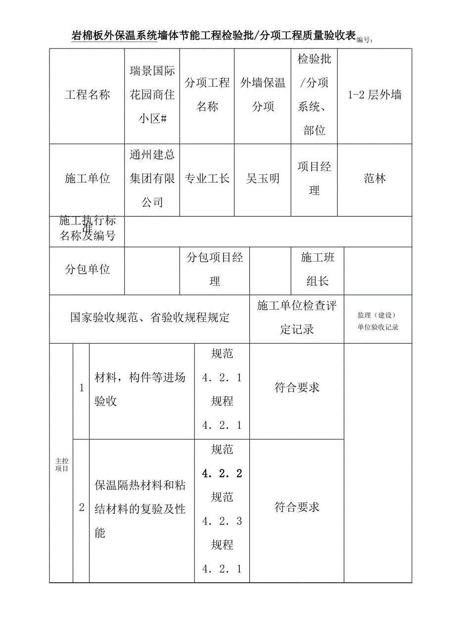 岩棉板外保温系统墙体节能工程检验批_第1页