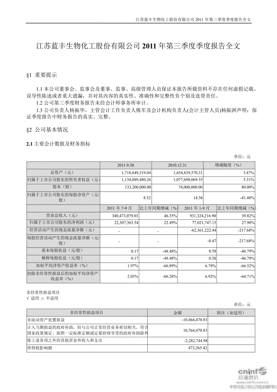 蓝丰生化：第三季度报告全文_第1页