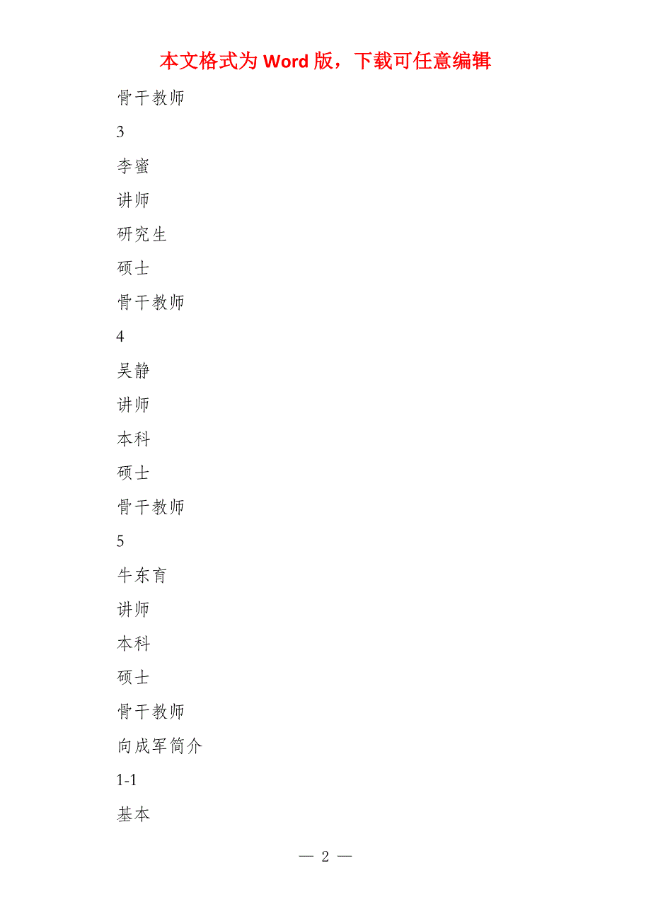 商务英语专业(轨道商务) 骨干教师统计表 文档全文预览_第2页