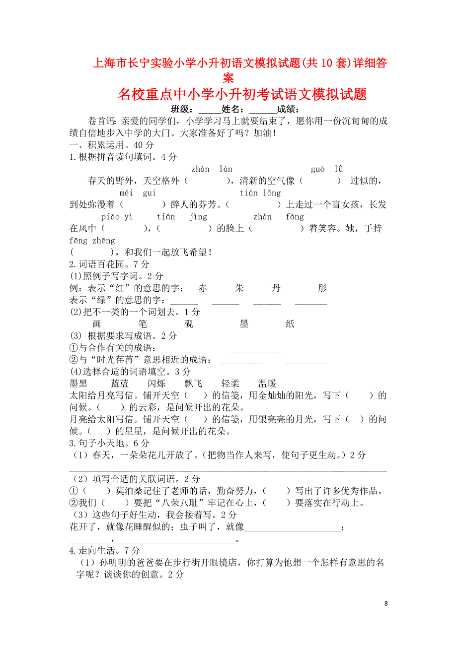 上海市长宁实验小学小升初语文模拟试题共10套)详细答案_第1页