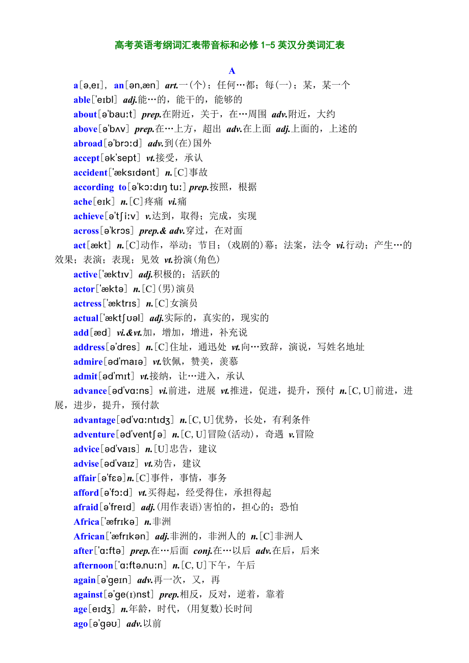高考英语考纲词汇表带音标和必修1-5英汉分类词汇表_第1页