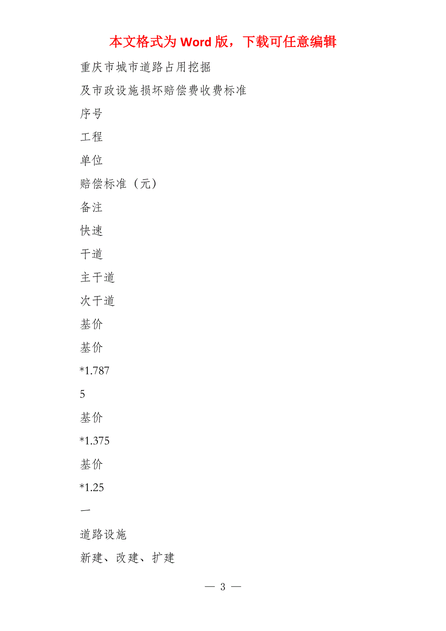 重庆市城市道路占用挖掘及市政设施损坏赔偿费标准_第3页