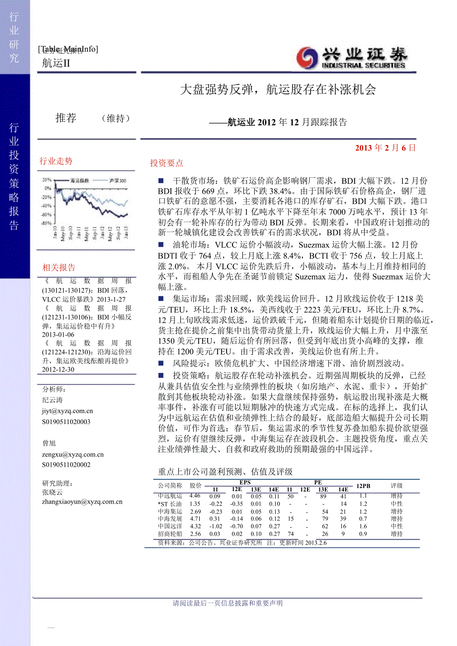 航运行业12月跟踪报告盘强势反弹航运股存在补涨机会130206_第1页