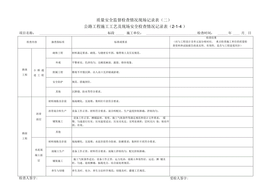 公路工程项目施工工艺及现场安全检查记录表_第4页