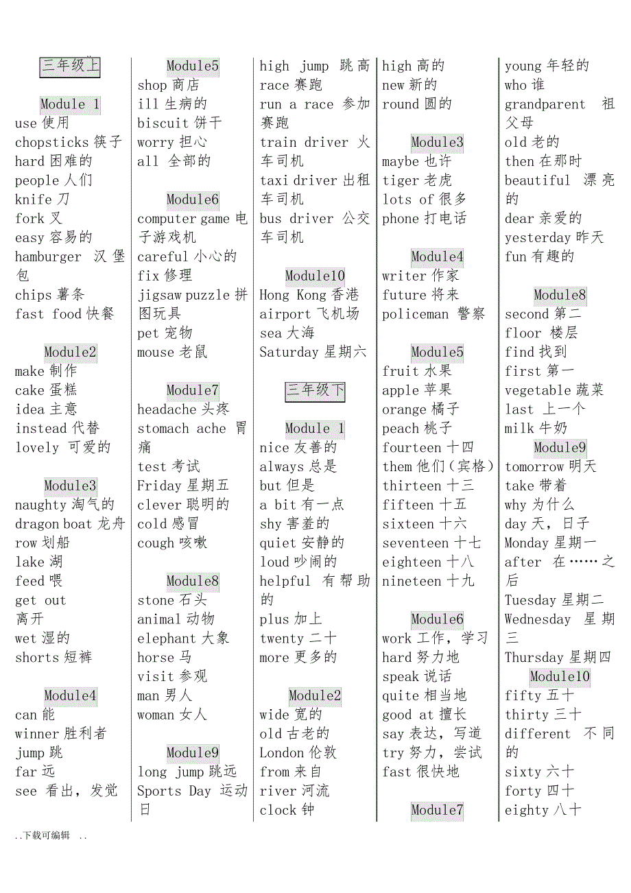 外研社小学新标准英语单词表汇总打印版(一年级起点)675_第4页