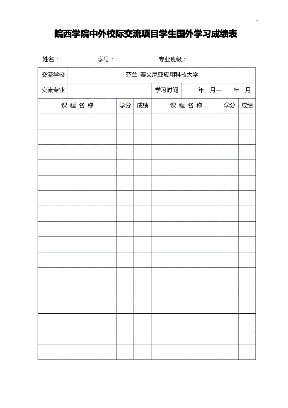 皖西学院中外校际交流项目开发学生国外知识学习成绩表_第1页