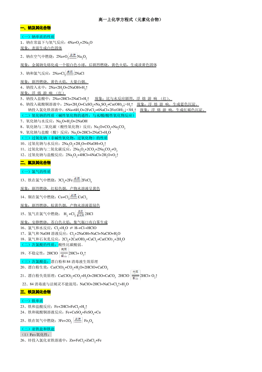 高一必修一化学方程式(元素化合物)_第1页