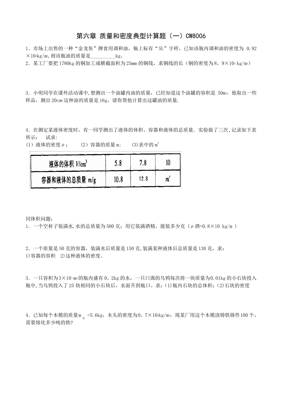 2017人教版八年级物理上册第6章质量密度的应用题类型_第1页